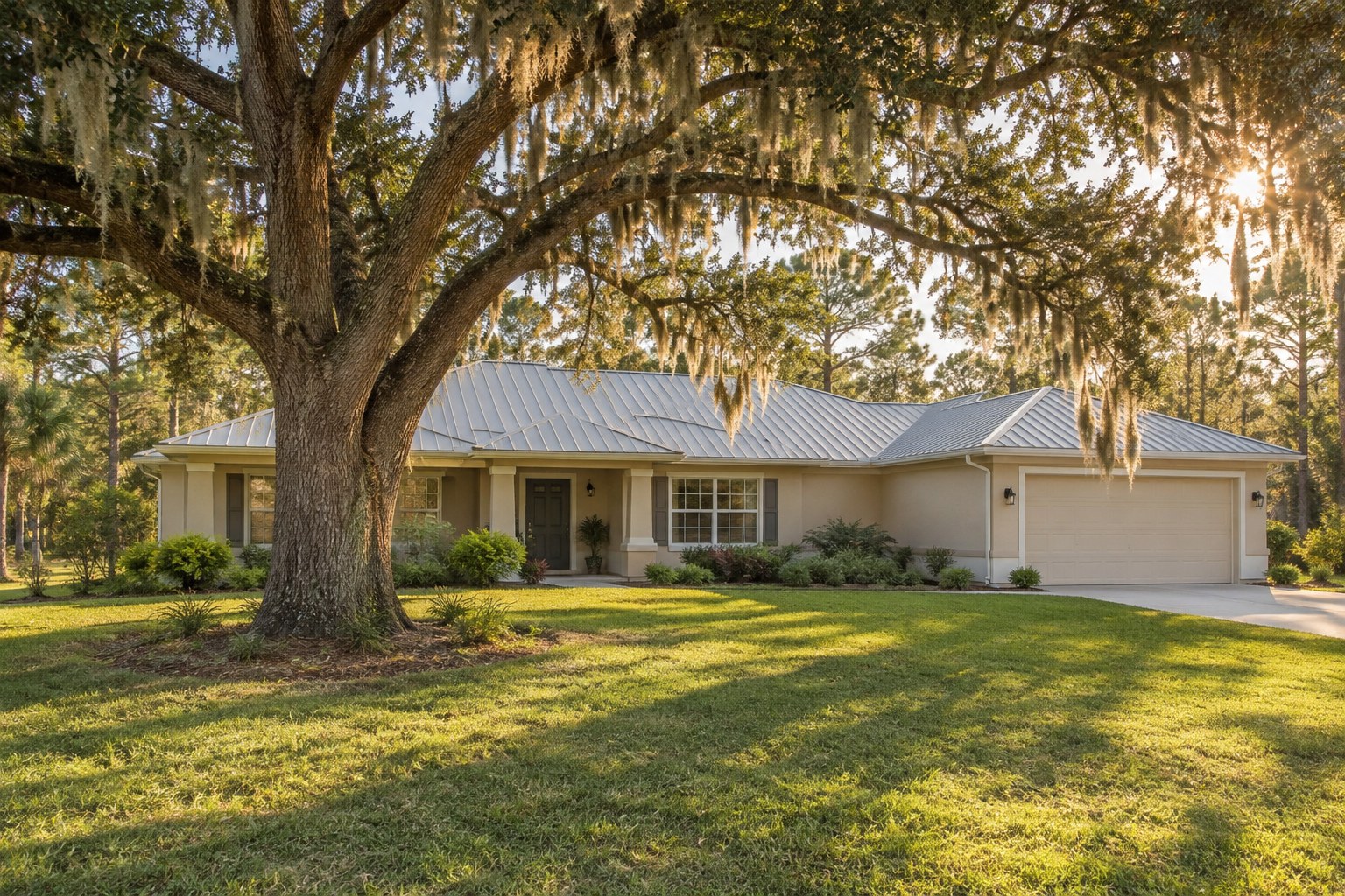A ranch home under a live oak on a quiet Florida lot in warm evening light, illustrative