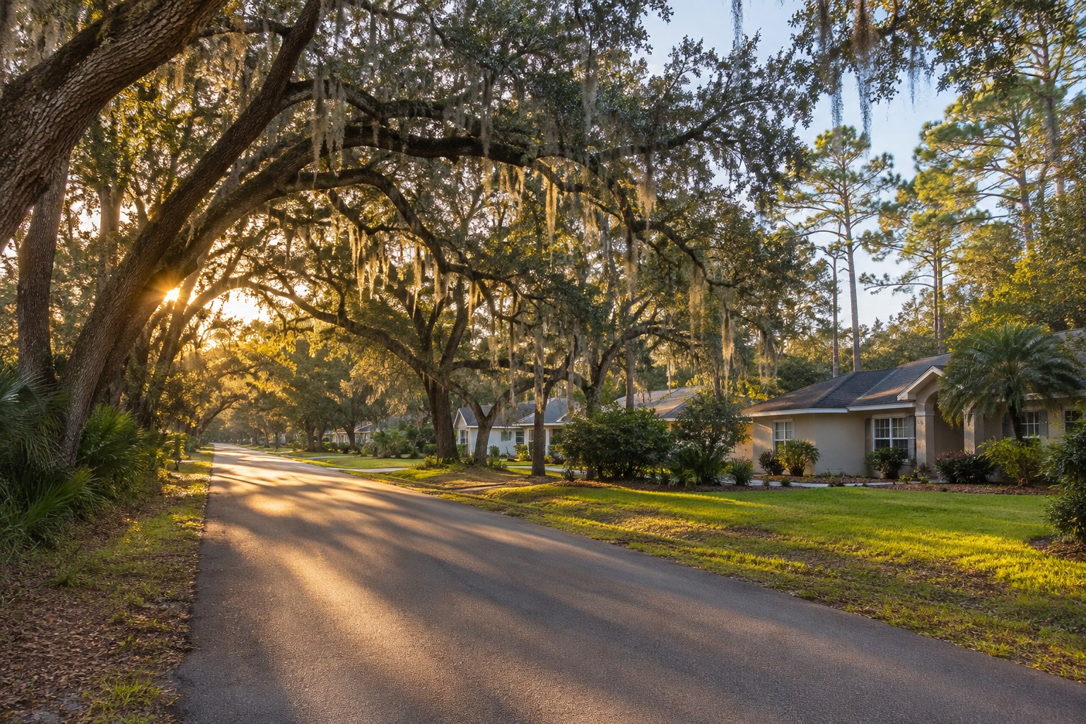 A Florida street under live oaks, illustrative
